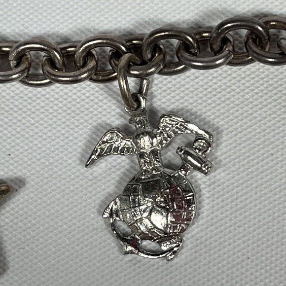 Sterling Silver Charm Bracelet Elephant Ships Wheel Fish Star USMC Vintage 1990s - Picture 1 of 16